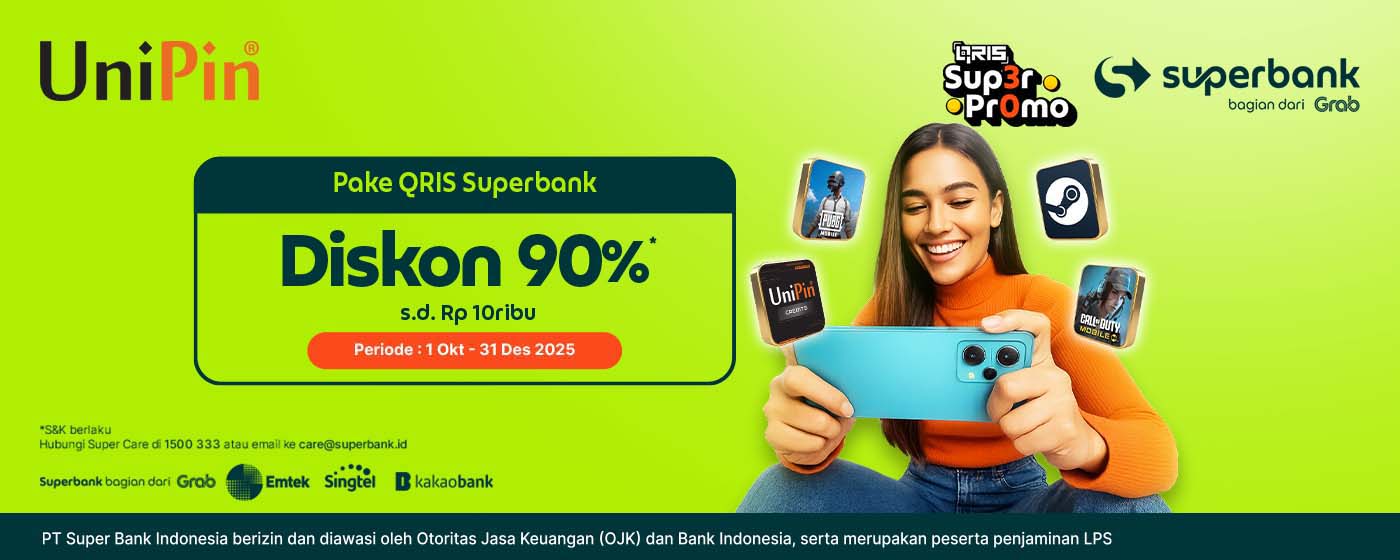 Diskon 90% Tiap Top Up game favoritmu pakai QRIS Superbank di UniPin